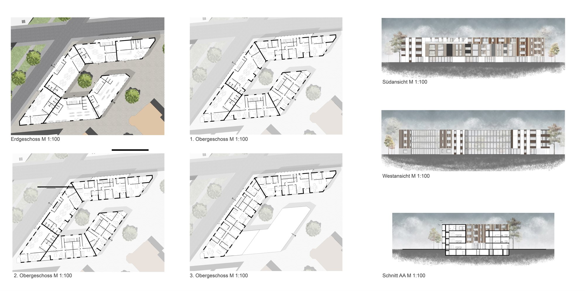 Grundrisse, Ansichten und Schnitt aus der Bachelorarbeit Architektur